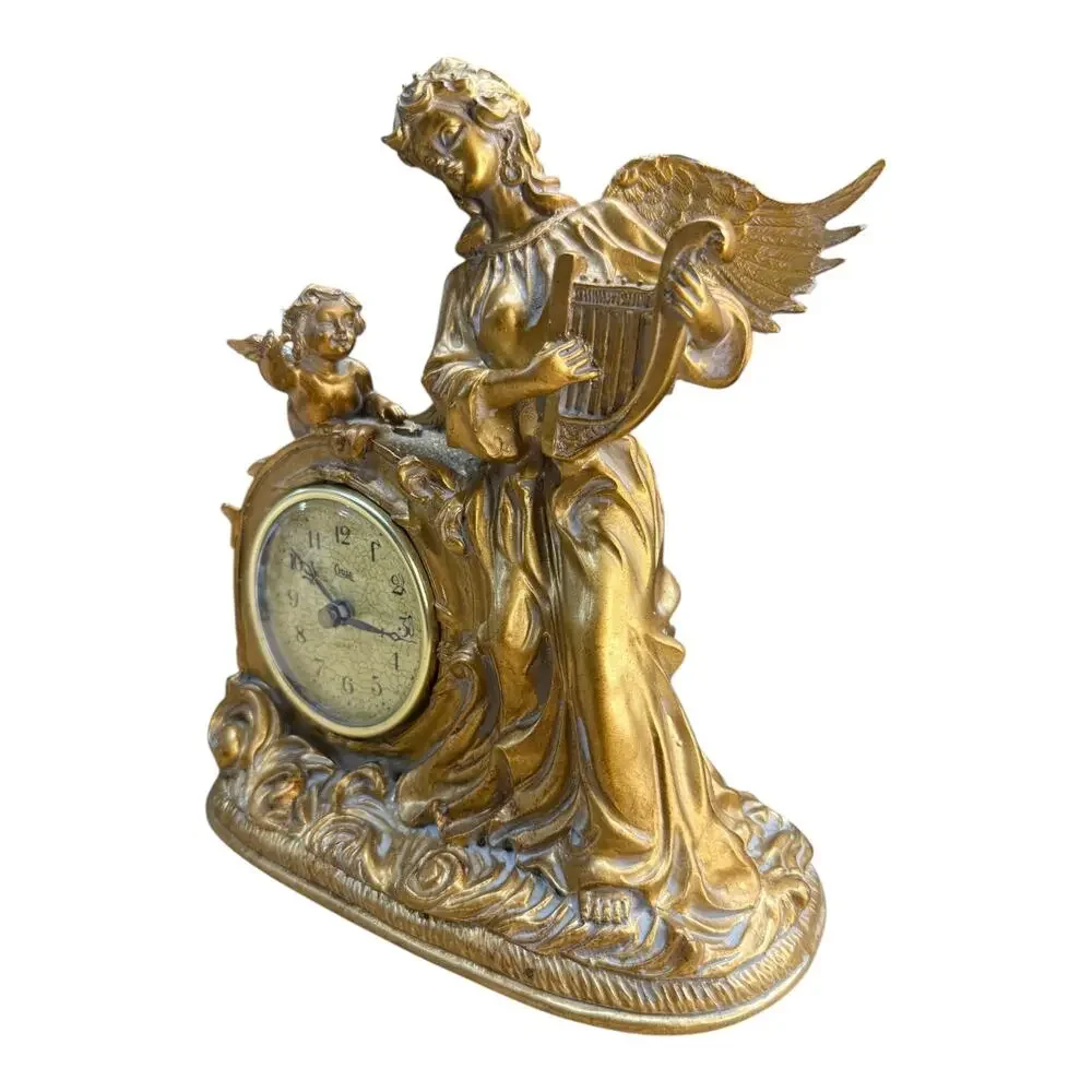 Vintage Crosa Angel Cherub Mantel Clock Gold Quartz Lyre Harp Table Decor 10”